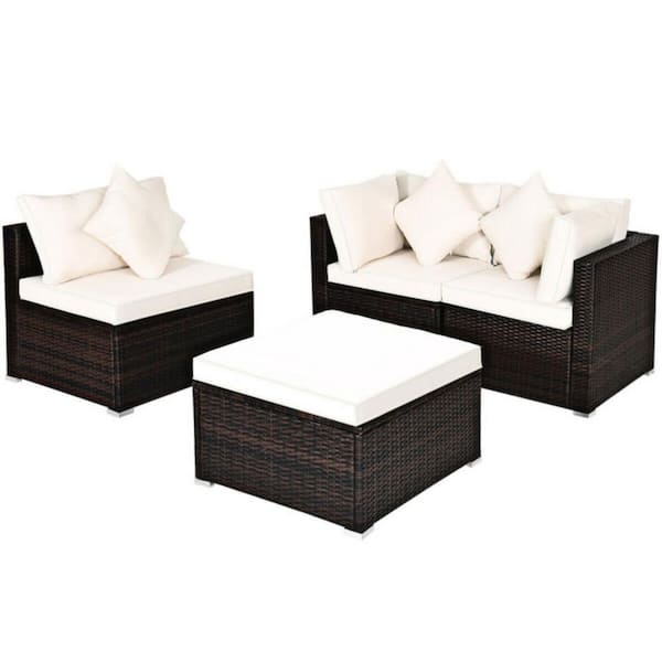 Clihome 4-Piece Wicker Patio Conversation Set Garden Rattan Furniture Set with White Cushions and Ottoman