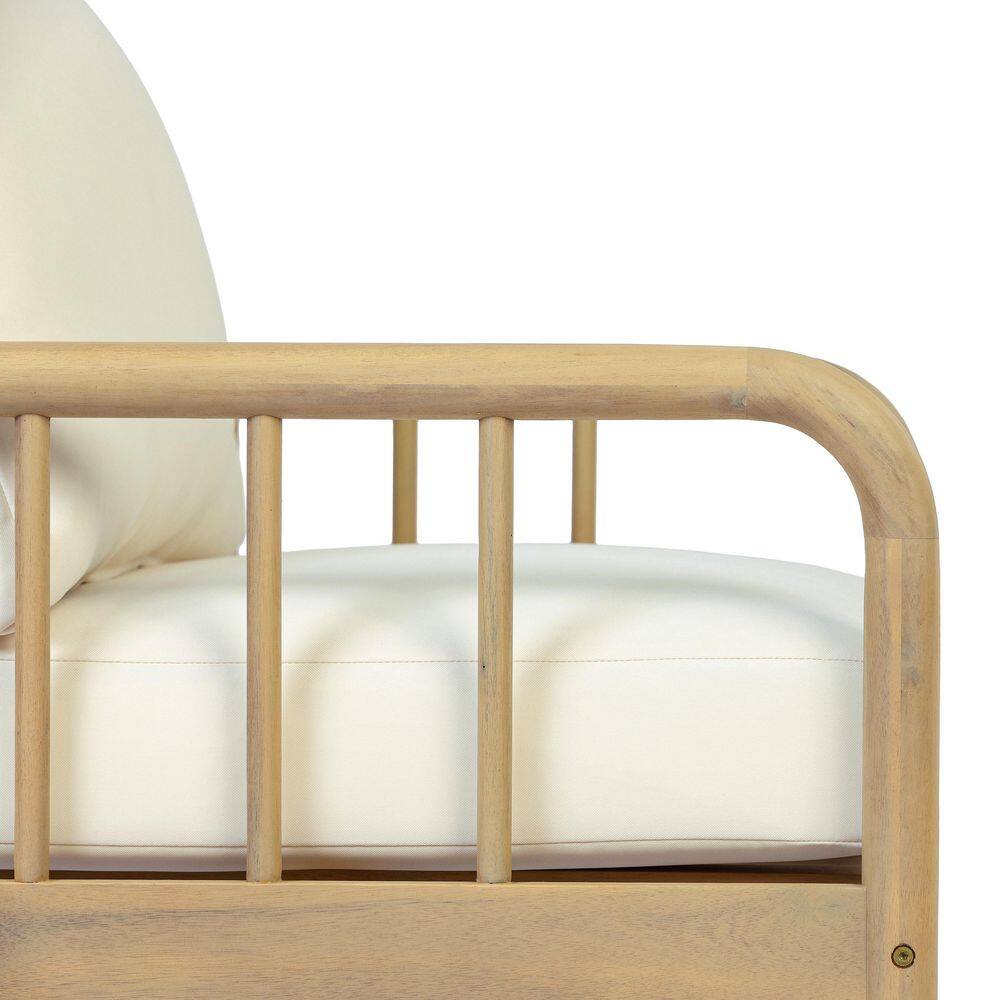 Close-up detail of the wooden frame and cushion of a chair.