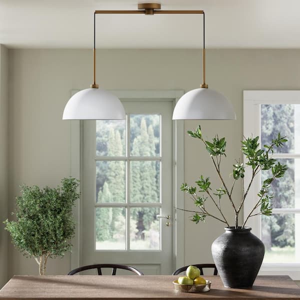 Nathan James Percy Modern 2-Light Pendant Light Fixture with White Metal Shade and Vintage Brass Accent Adjustable Cord