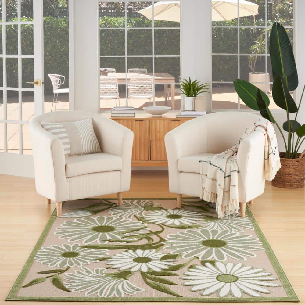 Ivory Green Daisy Flower Flatweave Outdoor Rug 5'3" x 7'5"