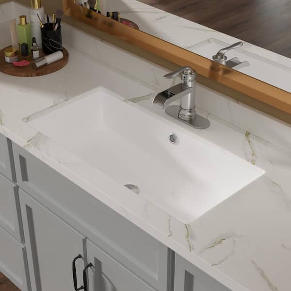 stufurhome - 28 in. Ceramic Undermount Rectangular Bathroom Sink with Overflow in White