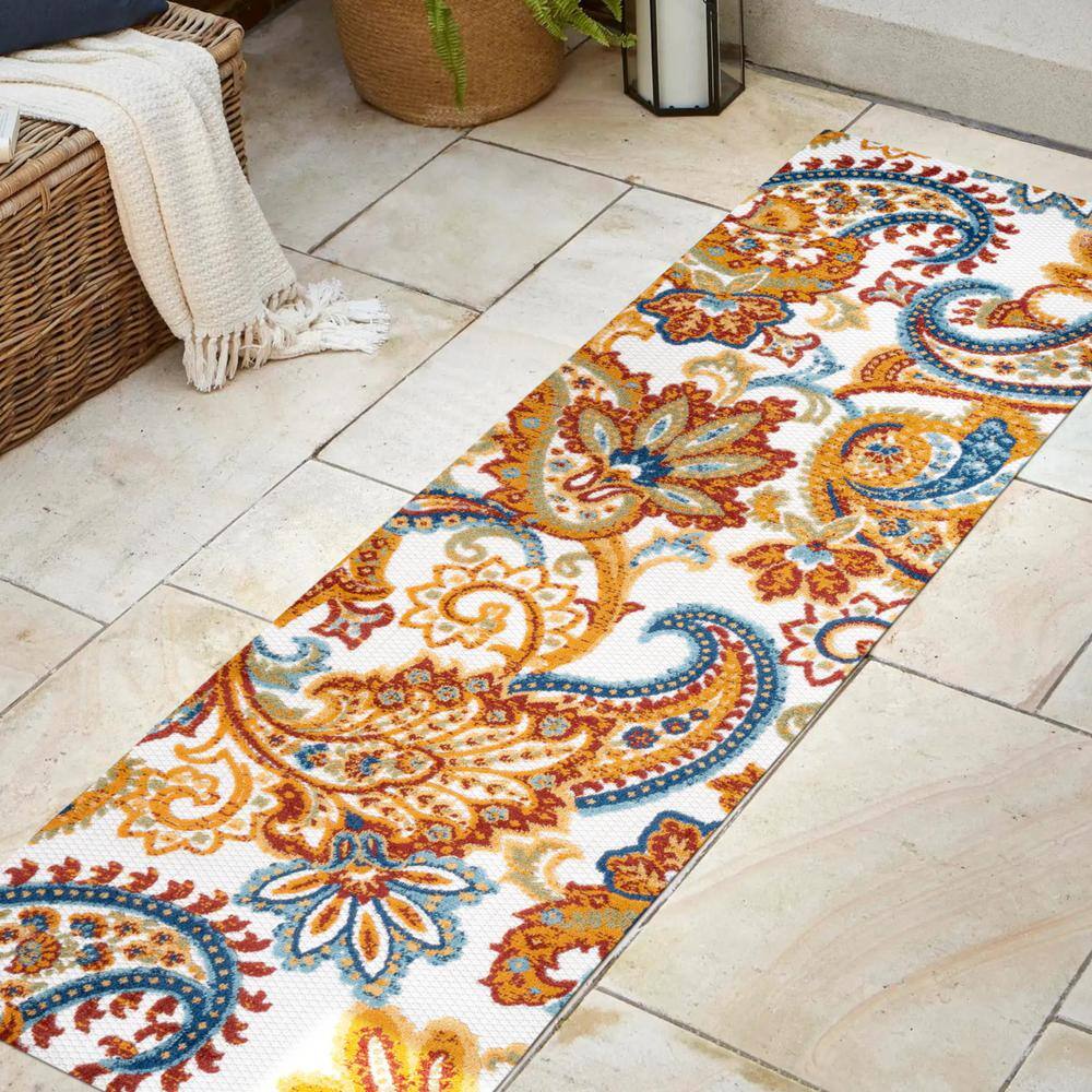 Paisley High-Low Orange and Multicolor Synthetic Runner Rug