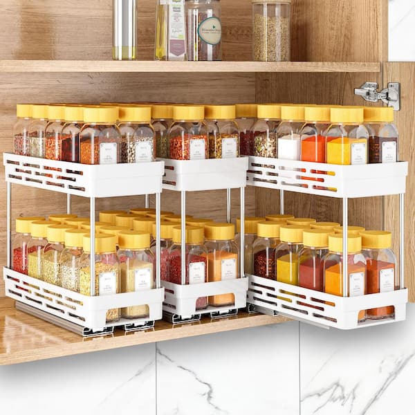 3 Pack Pull Out Spice Rack Organizer for Cabinet, 2 Tier Slide Out Spice Racks Organizer, White
