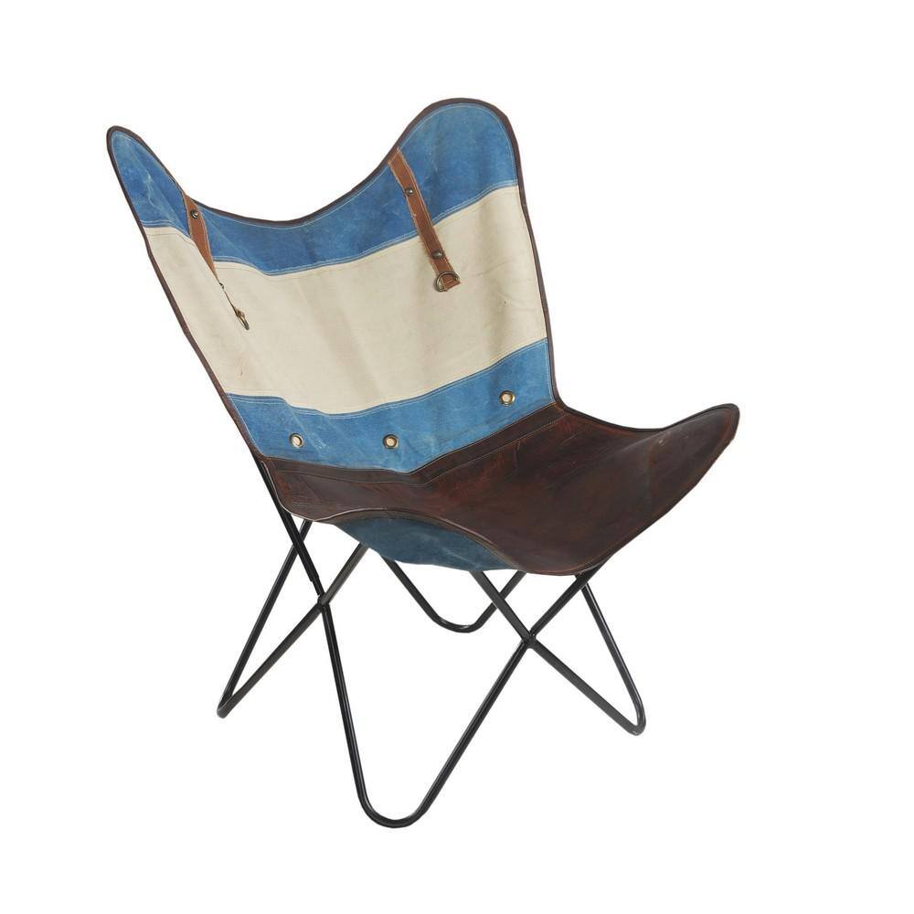 Handcrafted Blue and Ivory Leather Butterfly Chair with Metal Frame