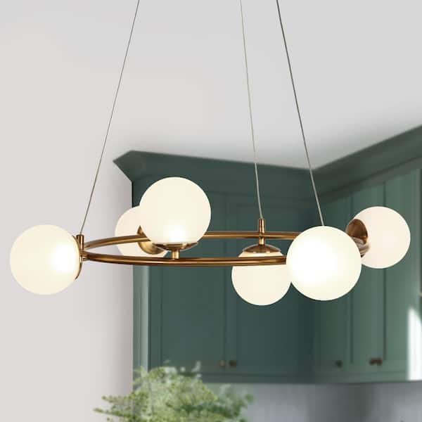 Zevni Modern Mid-Century 6-light Brass Wagon Wheel Integrated LED Chandelier, Globe Milky Glass Pendant Light for Living Room
