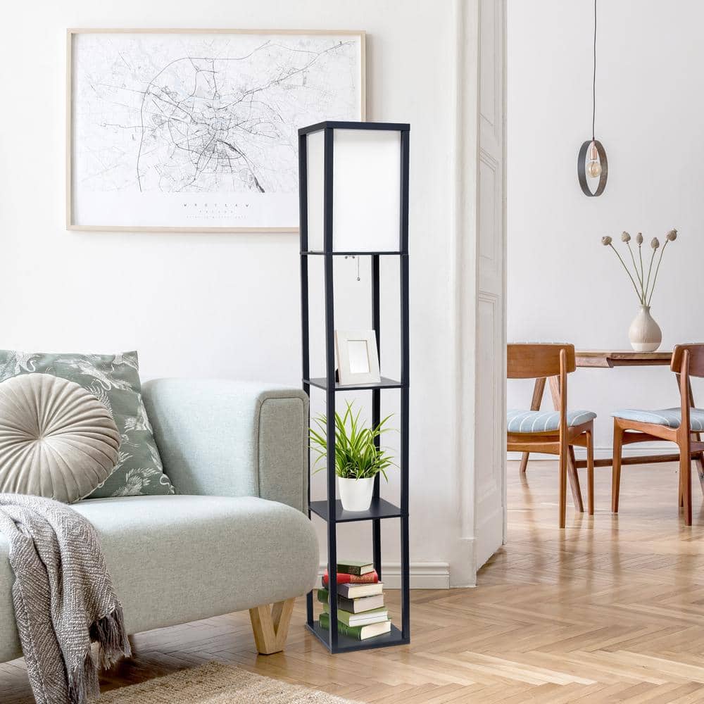 Black 62.5" Floor Lamp with Linen Shade and Shelves