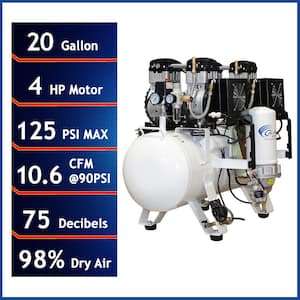 20 Gal. 4.0 HP Ultra-Quiet, Ultra Dry and Oil-Free Electric Stationary Air Compressor with Air Dryer and Auto Drain