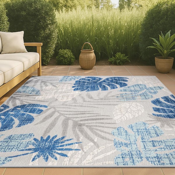 Monstera Tropical Leaf High-Low Light Gray/Navy 3 ft. x 5 ft. Indoor/Outdoor Area Rug