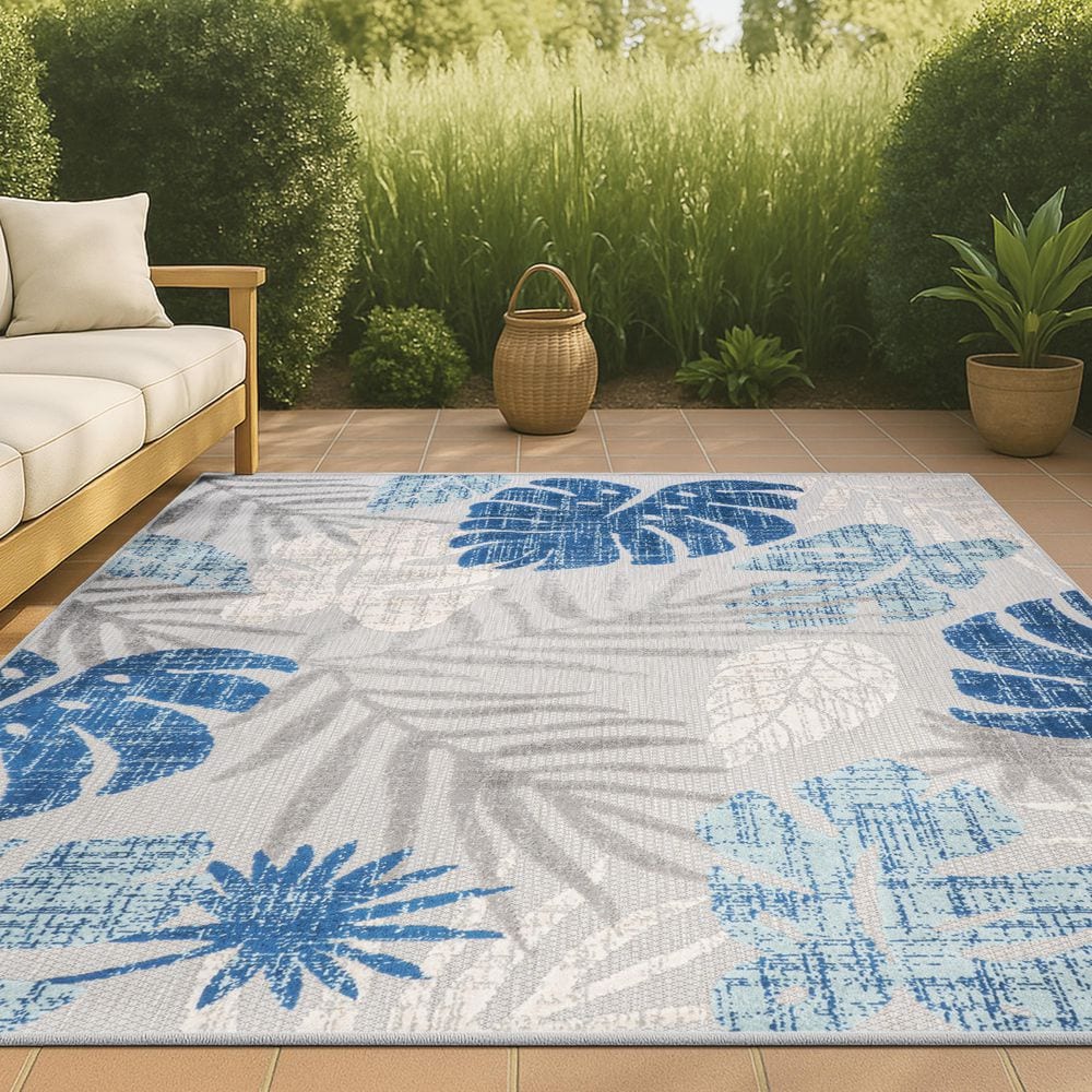 UPC 840011461786 product image for Monstera Tropical Leaf High-Low Light Gray/Navy 4 ft. x 6 ft. Indoor/Outdoor Are | upcitemdb.com