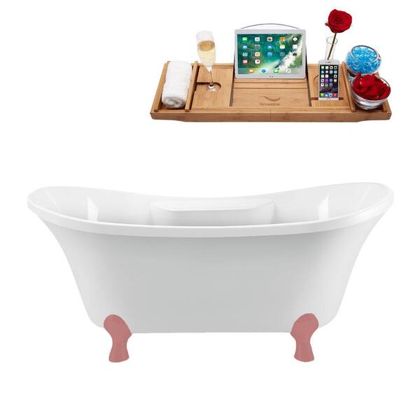 Streamline 68 in. x 34 in. Acrylic Clawfoot Soaking Bathtub in Glossy White with Matte Pink Clawfeet and Polished Chrome Drain