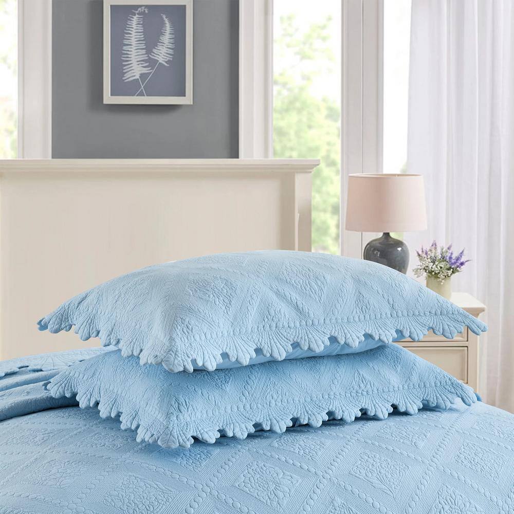 Light Blue Cotton Queen Reversible Bedspread Set