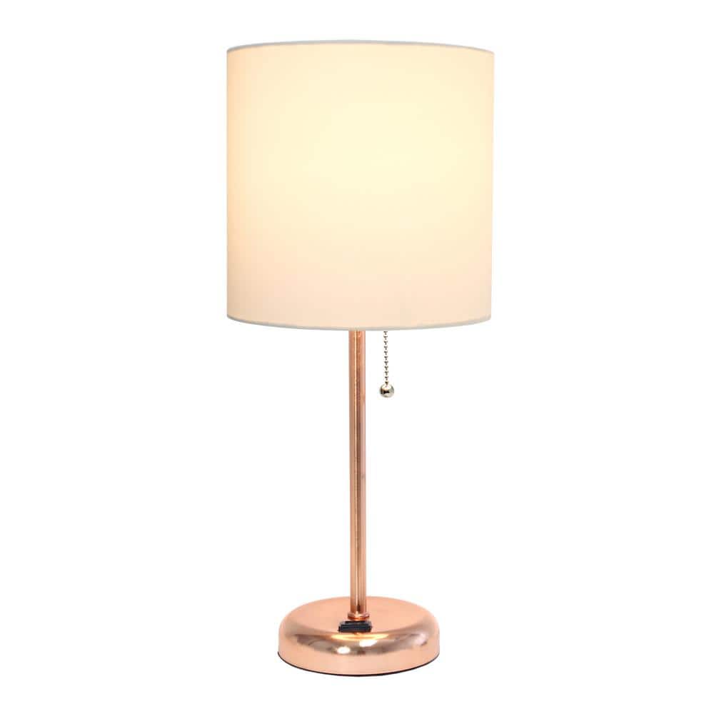 19.5" Rose Gold Metal Table Lamp with White Fabric Shade and Power Outlet