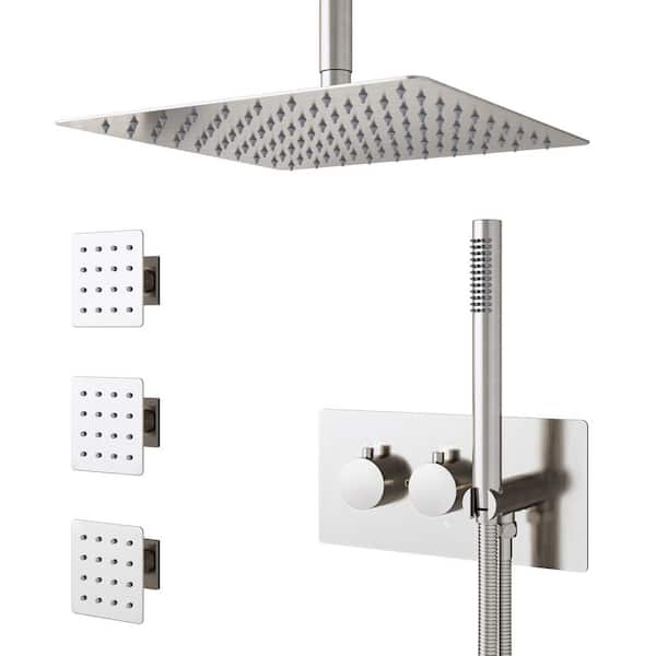 3-Spray 12 in. Ceiling Dual Fixed and Handheld Shower Head with Body Jets in Brushed Nickel, Thermostatic Mixing Valve