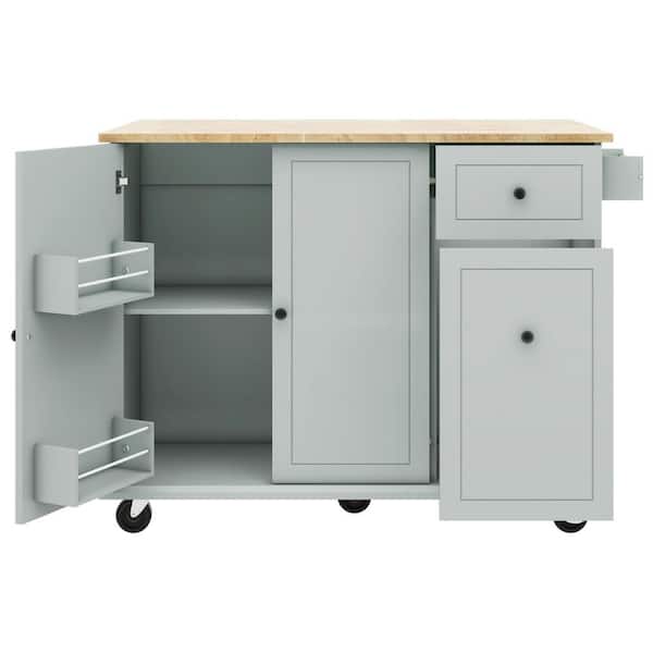 Tileon Grey+Blue Wood 53 in.Rolling Kitchen Island with Drop Leaf & 3 Tier Pull Out Cabinet Organizer & Spice Rack & Towel Rack