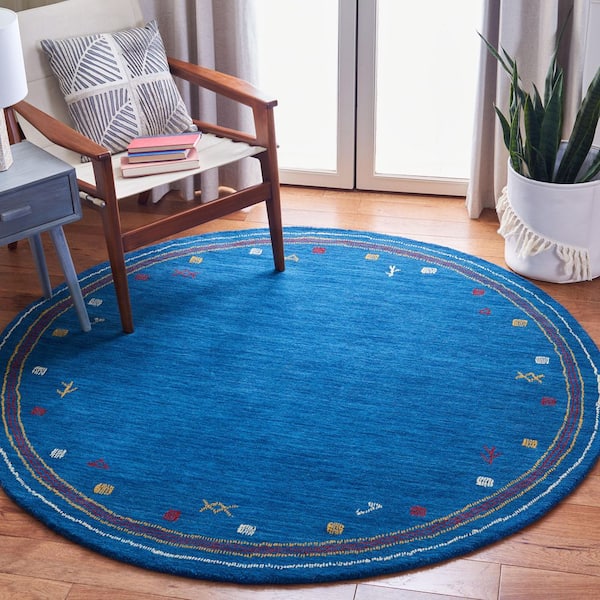 Himalaya 8 ft. x 8 ft. Round Blue Border Geometric Area Rug