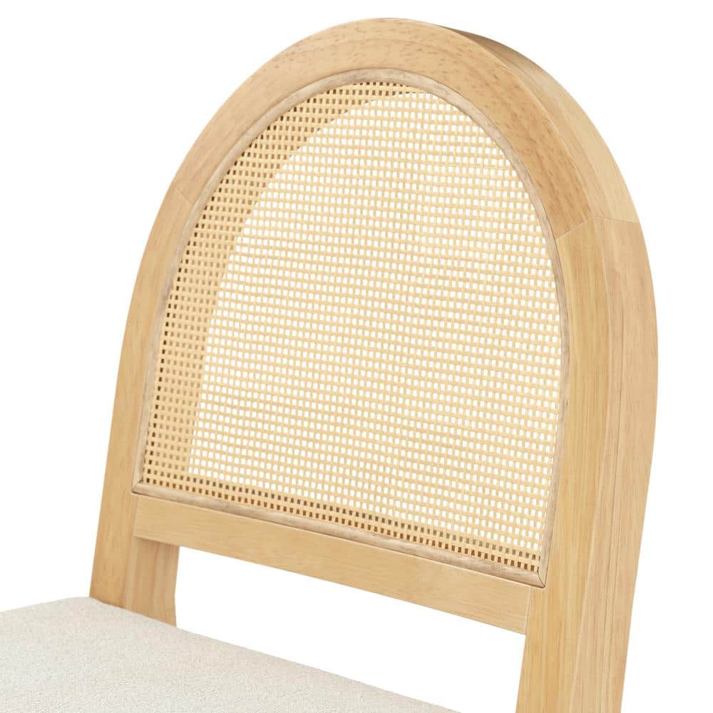 Light Oak and Rattan Counter Height Bar Stools with Boucle Seats, Set of 2