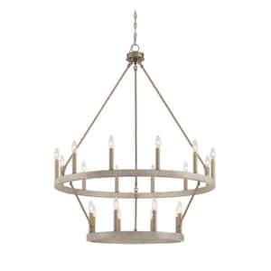 Rustic 20-Light Chandelier Oak and Brass Finish Candle Style Chandelier with Metal Wagon Wheel