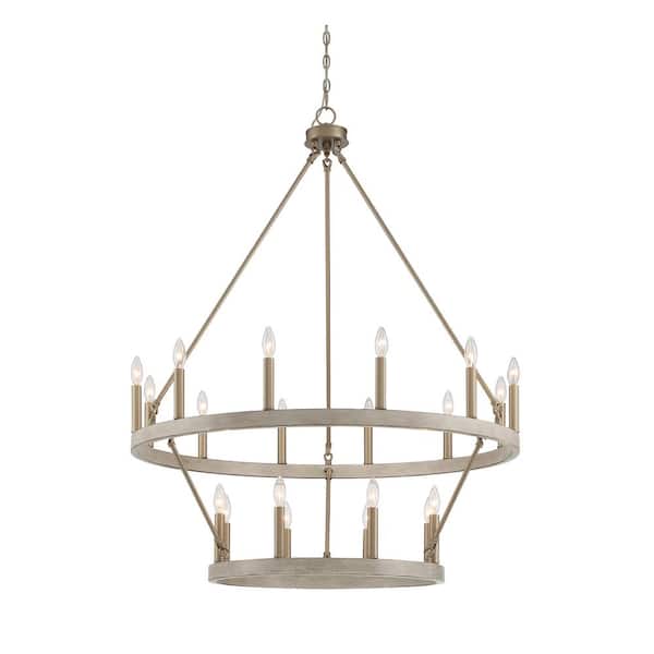 Jushua Rustic 20-Light Chandelier Oak and Brass Finish Candle Style Chandelier with Metal Wagon Wheel