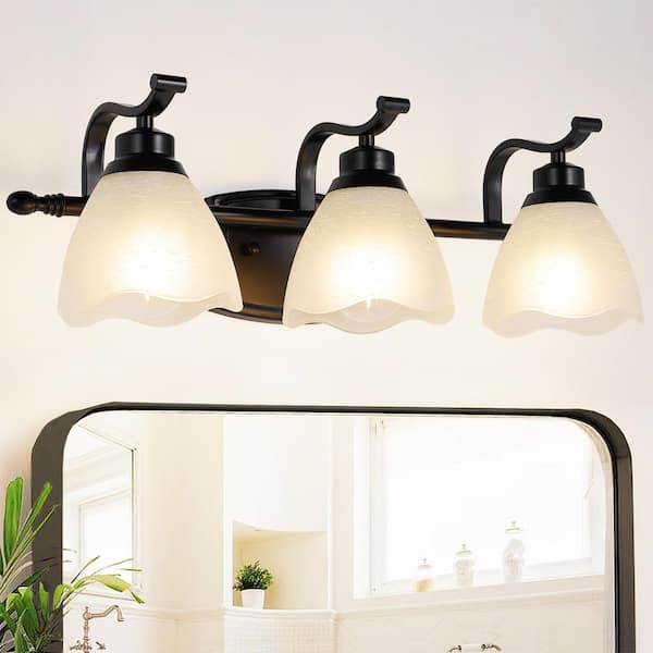 Magic Home 20 in. 3-Light Black Chandelier Bathroom Vanity Light Fixture with Frosted Glass Shades for  Bathroom