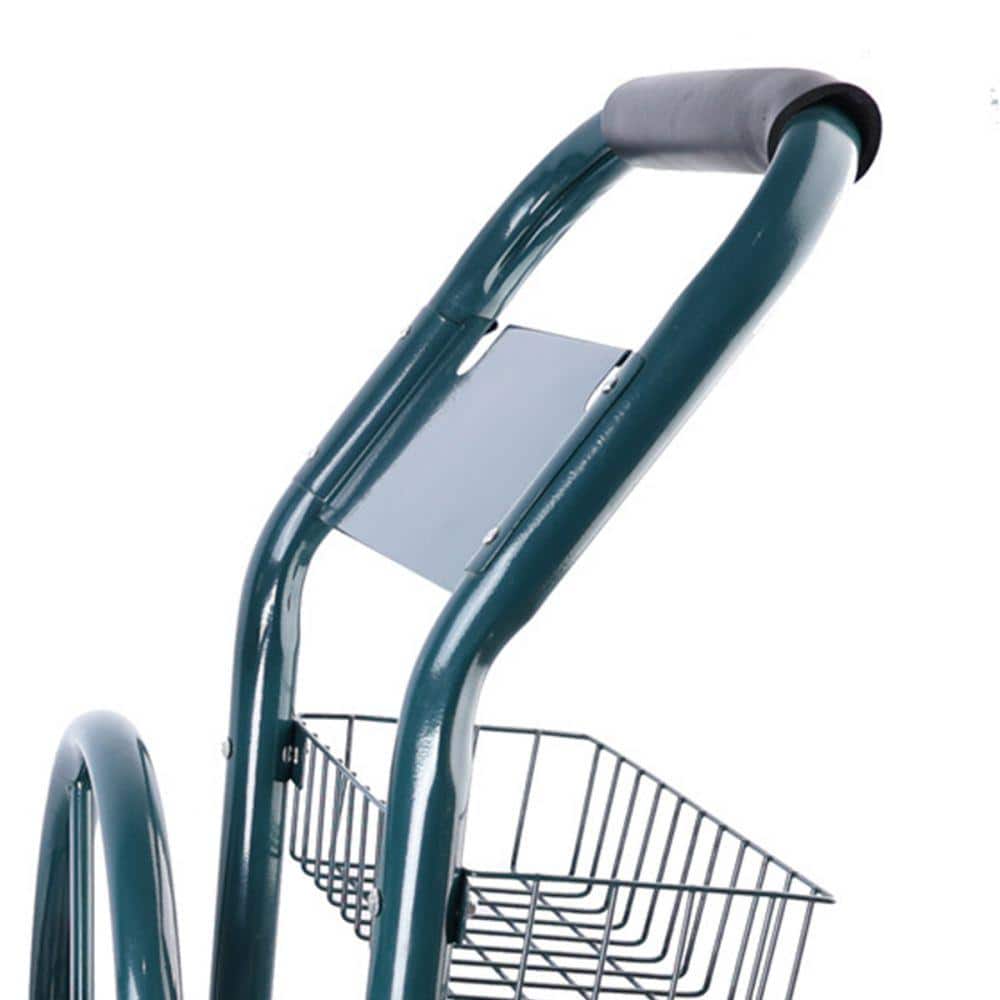 Green Heavy-Duty Steel Garden Hose Reel Cart with Storage Basket