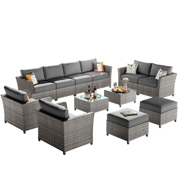 Jasmine 12-Piece Wicker Outdoor Sectional Set with Dark Gray Cushions