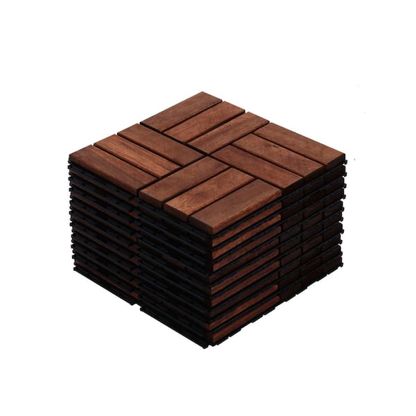 Unbranded 12 in. Brown Square Acacia Hardwood Interlocking Deck Tiles Checker Pattern (10-Pack)