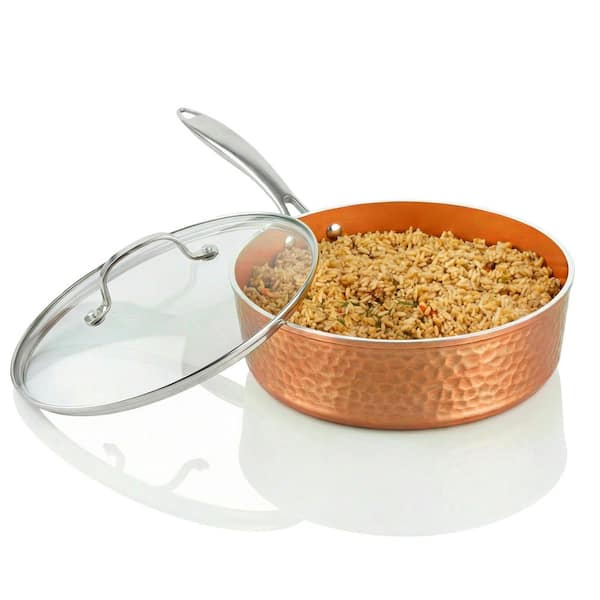 Hammered Copper 4 qt. Aluminum Nonstick Deep Saute Pan with Glass Lid