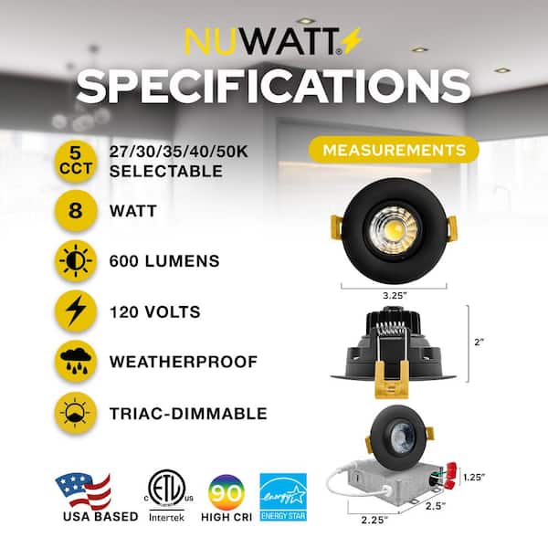 NUWATT 12 Pack 4 inch MR16 Retrofit LED Recessed Lighting, 5CCT Selectable 2700K/3000K/3500K/4000K/5000K, 10W 600lm Dimmable Low Voltage LED
