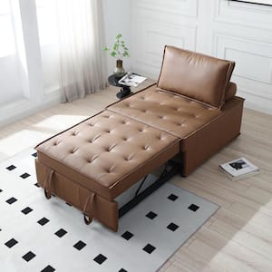 Multifunctional 39 in. Brown Faux Leather Twin Size Sofa Bed, Convertible Ottoman