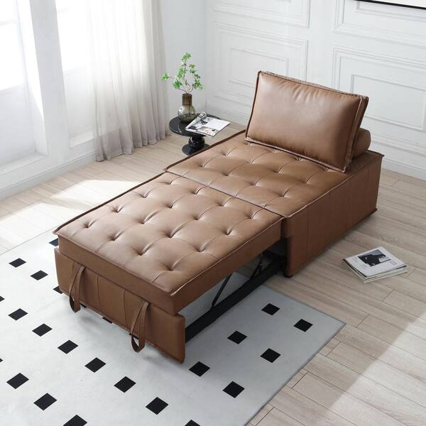 Harper & Bright Designs Multifunctional 39 in. Brown Faux Leather Twin Size Sofa Bed, Convertible Ottoman