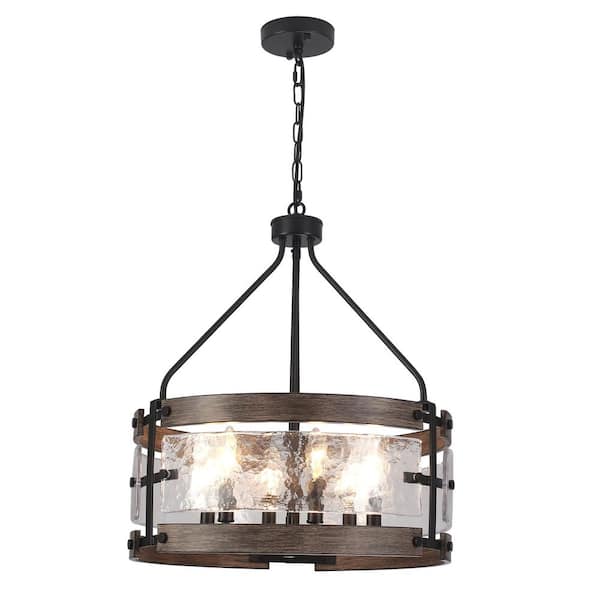 18.9 in. 6-Light Matte Black/Wood Grain Drum Chandelier with Glass Shade and No Bulbs Included For Dinning Room Foyer