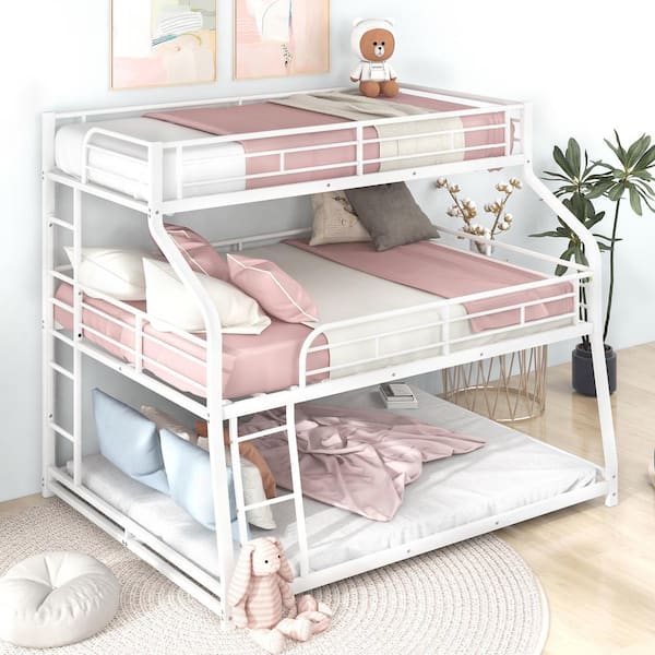 Qualler White Twin XL Over Full XL Over Queen Metal Triple Bunk Bed