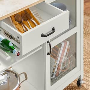 Rockford White Rolling Kitchen Cart with Butcher Block Top and Glass-Panel Cabinet Storage (40" W)