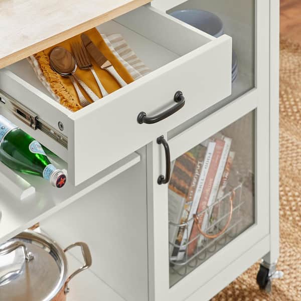 Rockford White Rolling Kitchen Cart with Butcher Block Top and Glass-Panel Cabinet Storage (40" W)