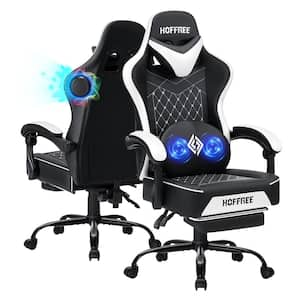 Faux Leather Bluetooth Speakers Ergonomic Gaming Chair in White with Vibration Lumbar Pillow