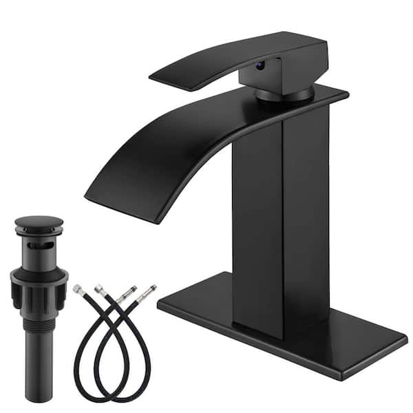 Single Handle Waterfall Spout Single Hole Bathroom Faucet and Drain and Stainless Steel in Matte Black