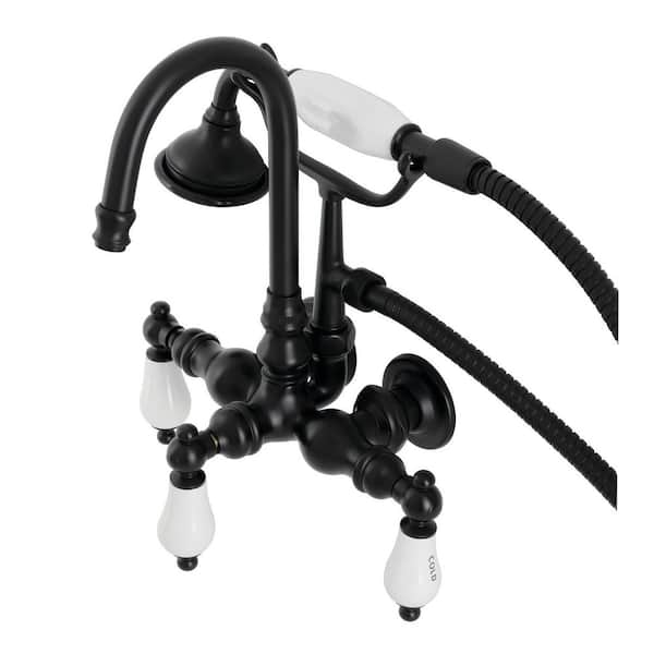 Kingston Brass Aqua Vintage 3-Handle Wall-Mount Clawfoot Tub Faucets with Hand Shower in Matte Black