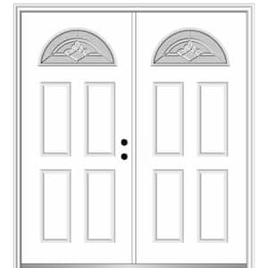 60 in. x 80 in. Grace Left-Hand Inswing Fan-Lite Decorative Primed Fiberglass Prehung Front Door on 6-9/16 in. Frame