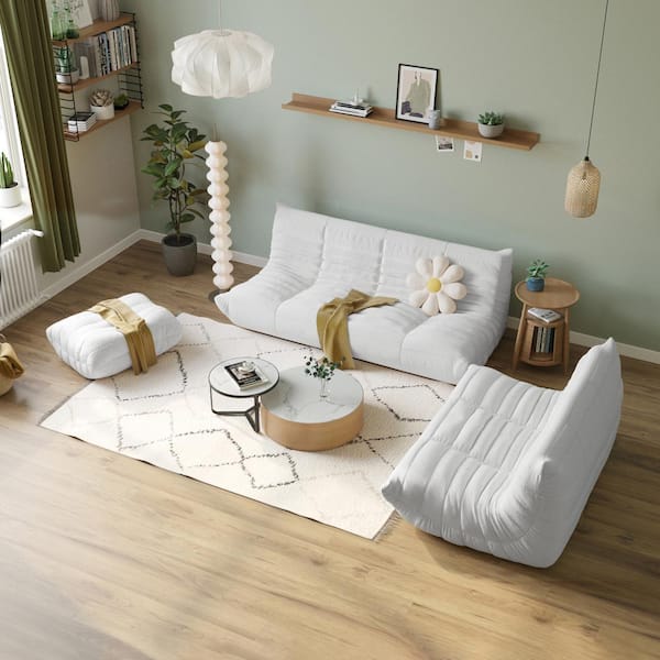 69 in. W Armless Teddy Velvet 3-piece Modular Free Combination Sectional Sofa with Ottoman in. Beige