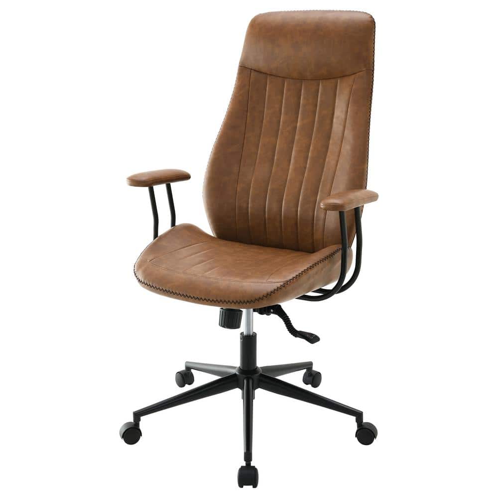 Brown Faux Leather Swivel Desk Chair with Wood Accents