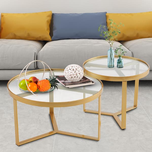 Seafuloy 31.5 in. Gold Round Tempered Glass Coffee Table (2-Pieces)
