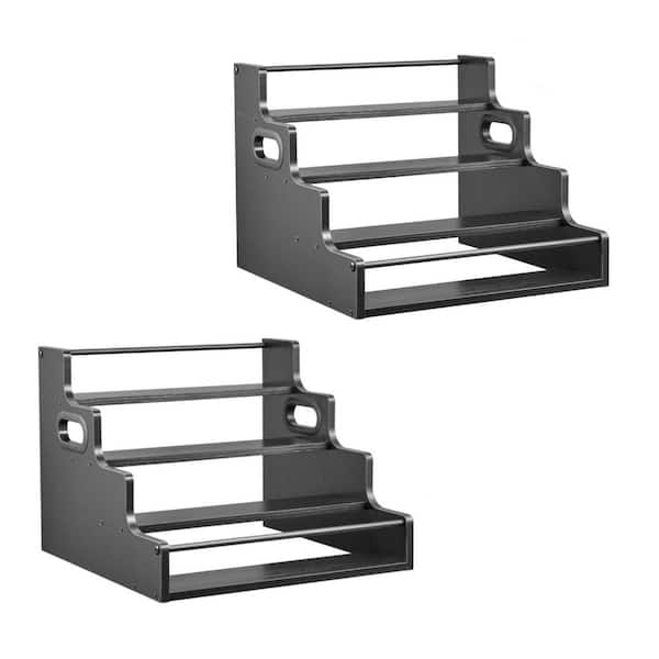 2-Pack 4-Tier 12.4 in. H x 16 in. W 16-Bottle Black Wooden Bar Shelves, Countertop Liquor Bottle Display Shelf