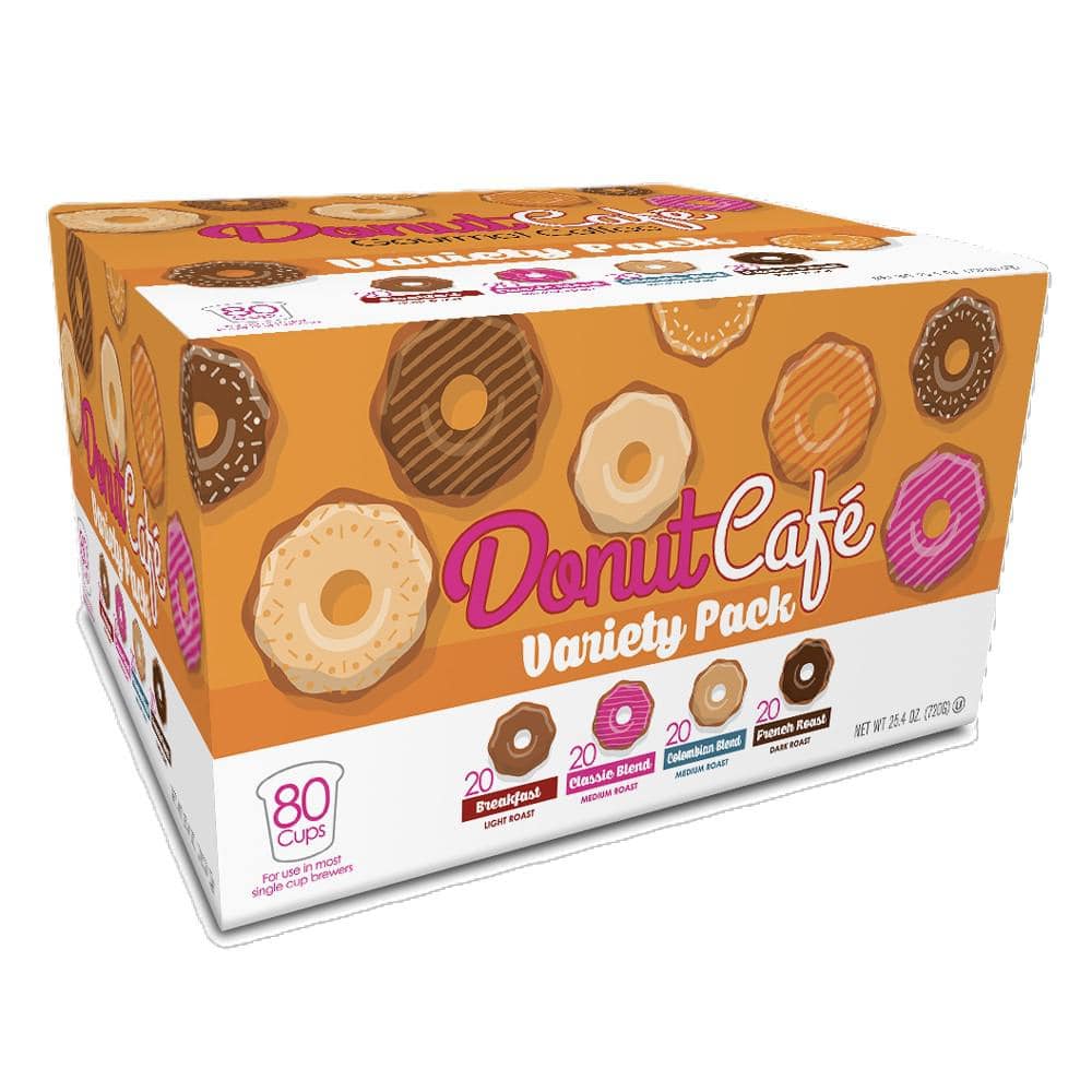 Donut Cafe Coffee Pods for Keurig K-Cup Brewers, Light Medium and Dark Roast, Variety Pack, 80 Count