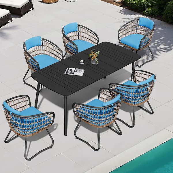 Pellebant 7-Piece Wicker Outdoor Dining Set with Blue Cushion