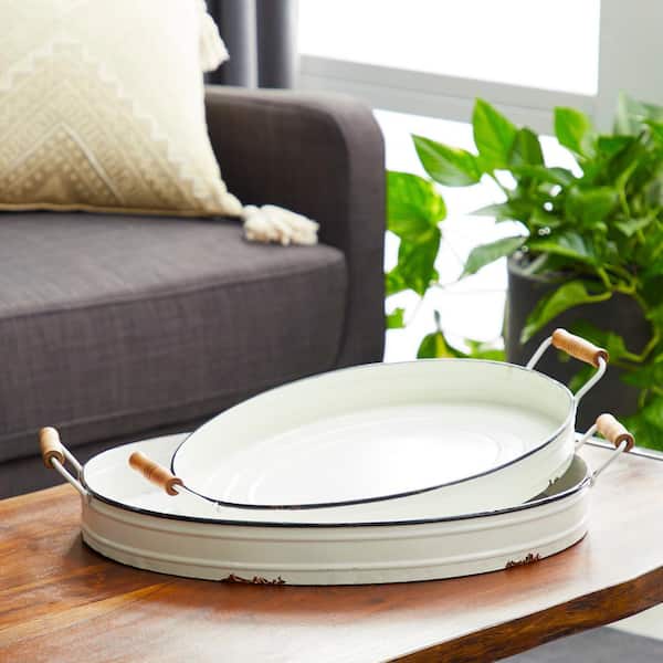 Litton Lane White Metal Decorative Tray with Wood Handles (Set of 2)