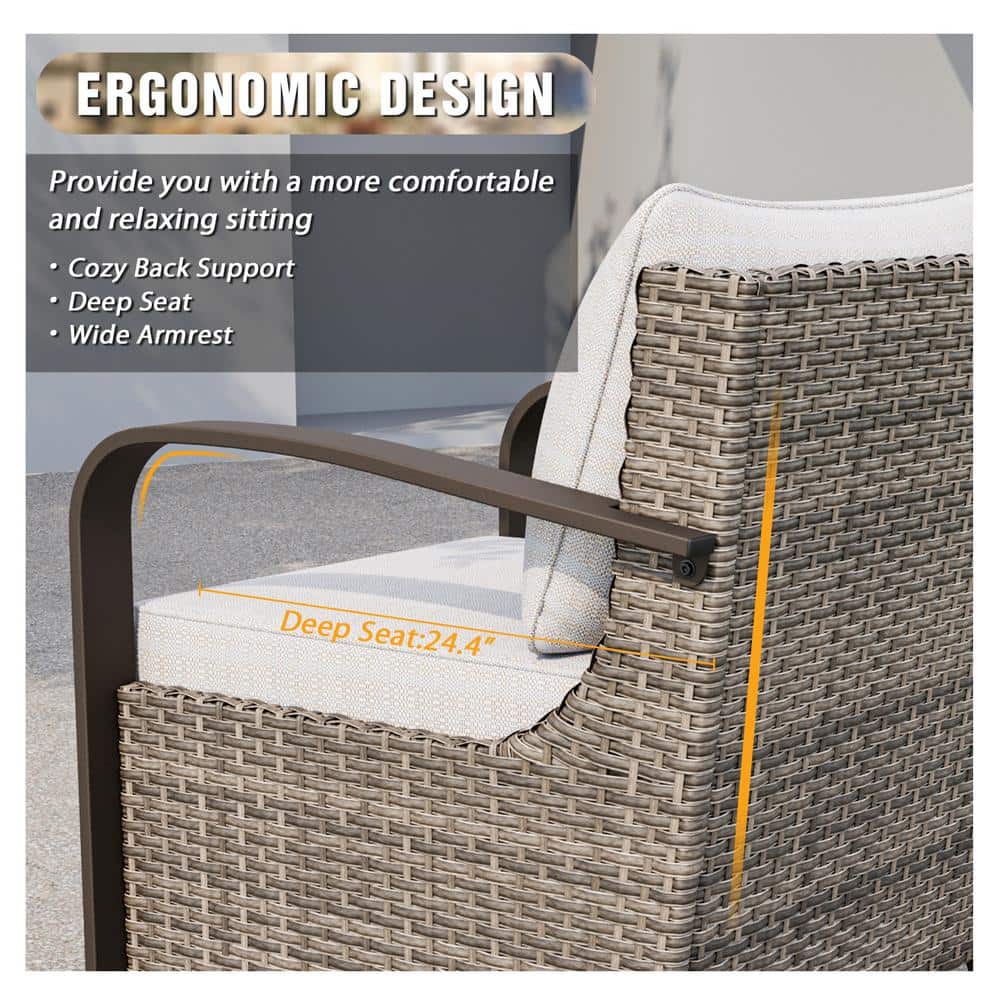 Beige and Brown Steel Wicker Swivel Rocking Chair with Cushions