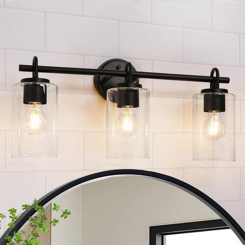 Modern Black Bathroom Vanity Light with Cylinder Clear Glass Shades 22 in. 3-Light Minimalist Powder Room Wall Sconce Home