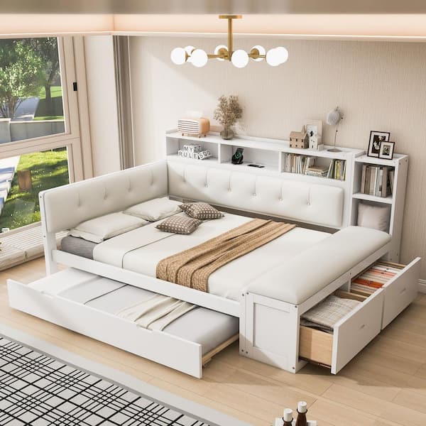 Harper & Bright Designs White Full Size Wood Daybed with Upholstered ...