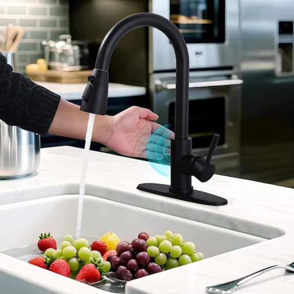 15.3 in. H Touchless Sensor 3-Functions Stainless Steel Single Handle Pull Down Sprayer Kitchen Faucet in Matte Black