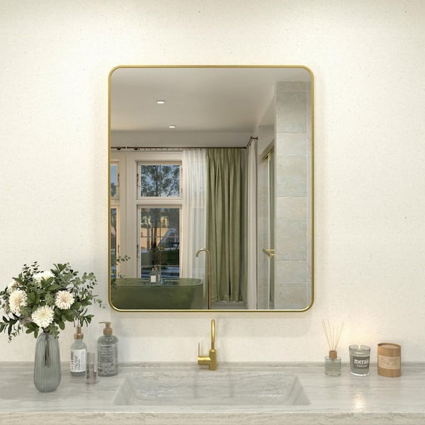Hermitage Bath Cosy 30 in. W x 36 in. H Rectangular Framed Wall Bathroom Vanity Mirror in Brushed Gold